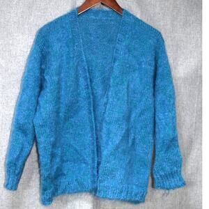 Hand-Knit Teal Mohair Blend Open Front Cardigan M